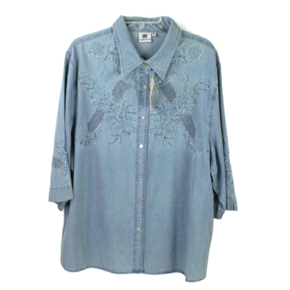 Lafei-Nier Blue Chambray Denim Half Sleeve Embroidered Embellished Top 4XL NWT